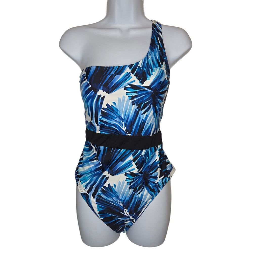 Mynah One Shoulder One Piece Swimsuit Large Tropical Palm Strappy Lace Back Blue